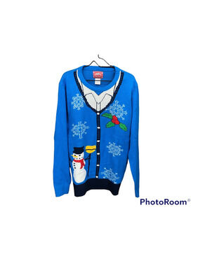Jem Women's Faux Button Down Ugly Christmas Sweater Size XL Blue Snowman Tacky
